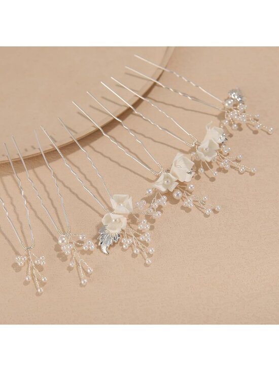 Women\'s Silver Rhinestone Crystal Handmade Bridesmaid Floral Pearl Hair Pins